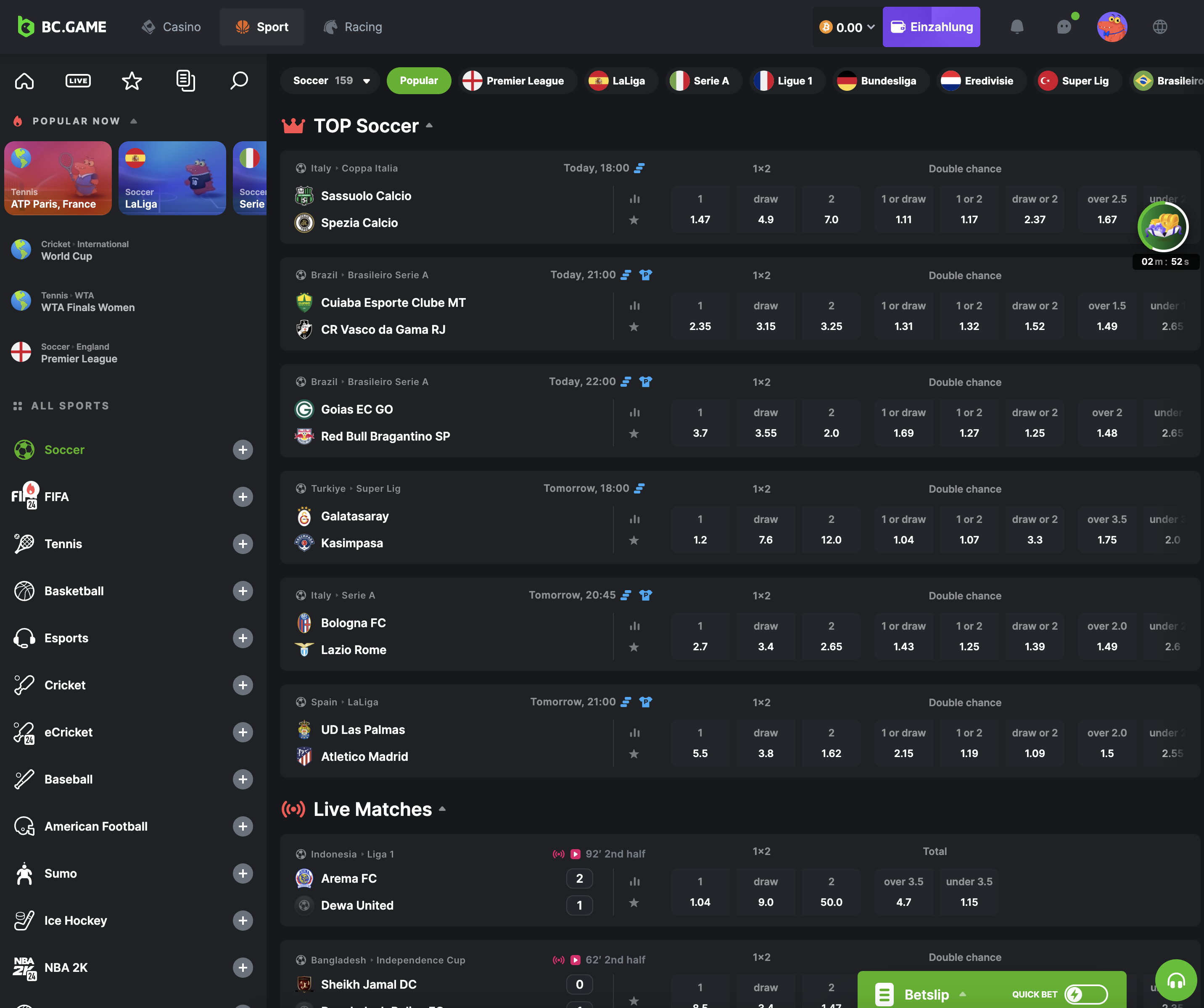 BC Game Fussballwetten Angebot