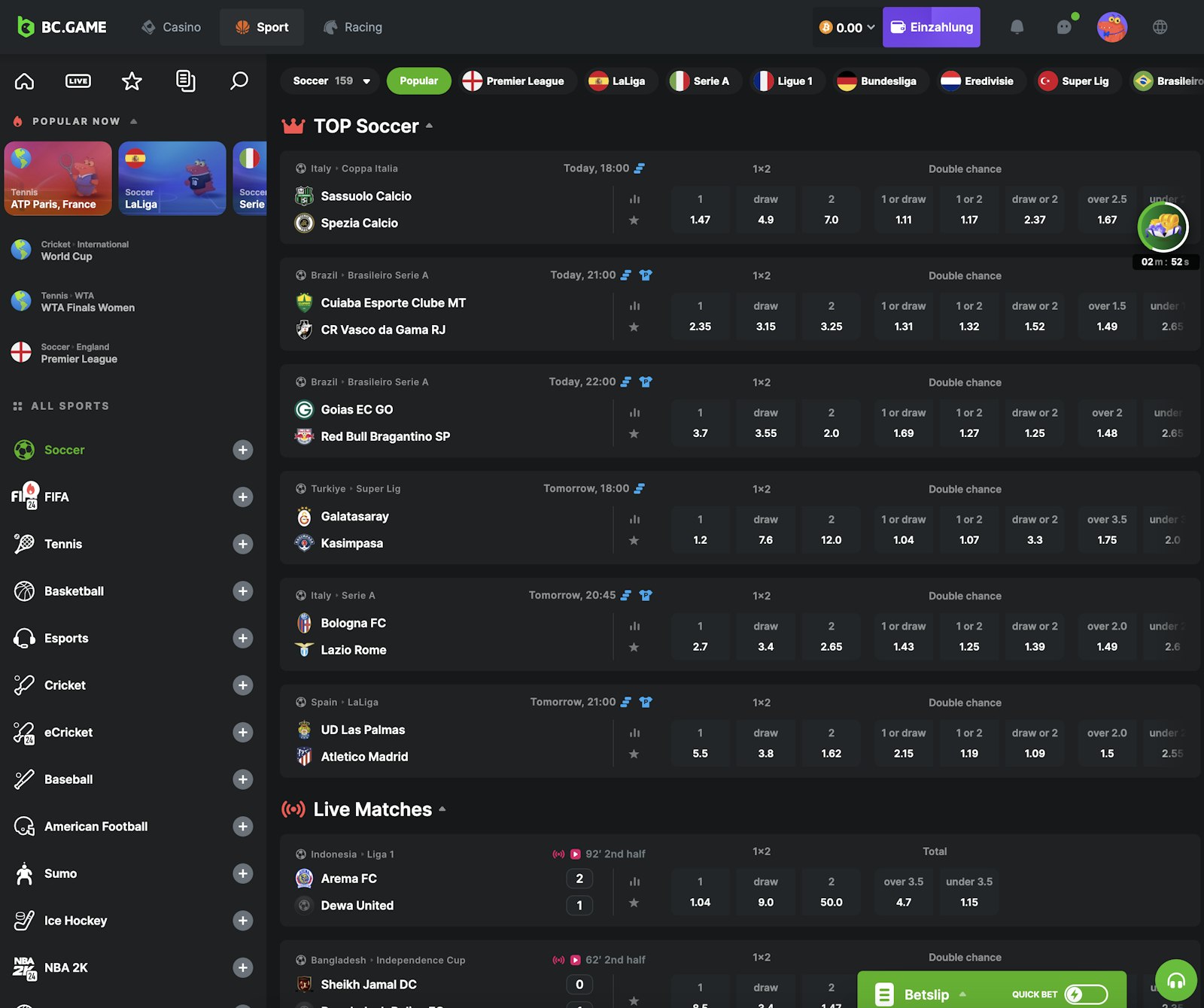 BC Game Fussballwetten Angebot