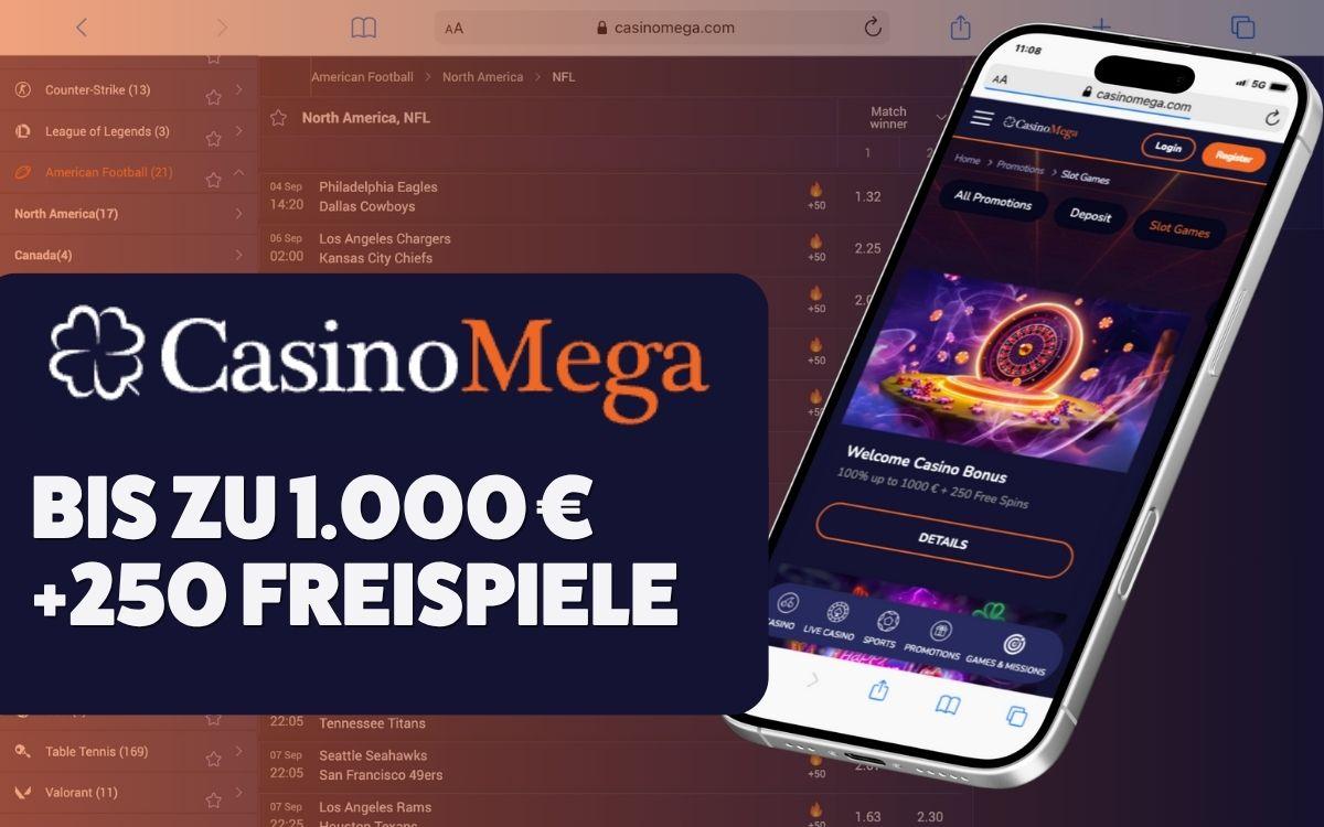 Casinomega Casino Bonus: Bis zu 1.000 € + 250 Freispiele