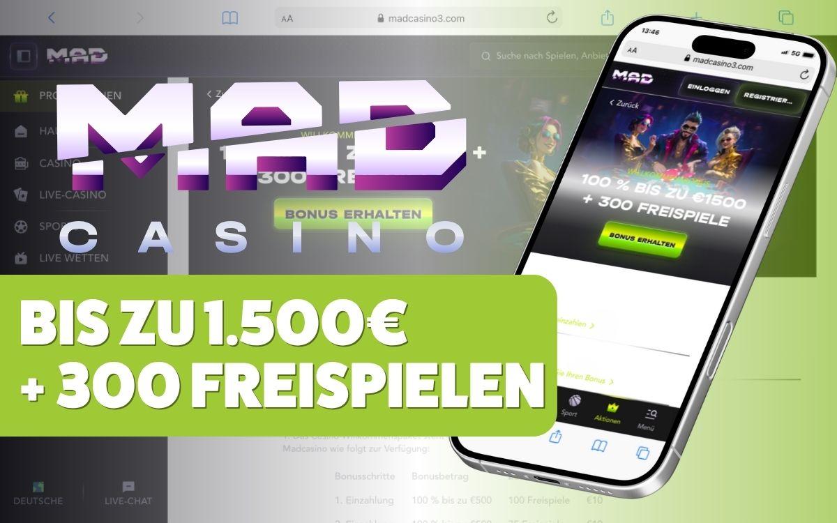 Madcasino Willkommensbonus: Bis zu 1.500 € + 300 Freispiele für Neukunden!
