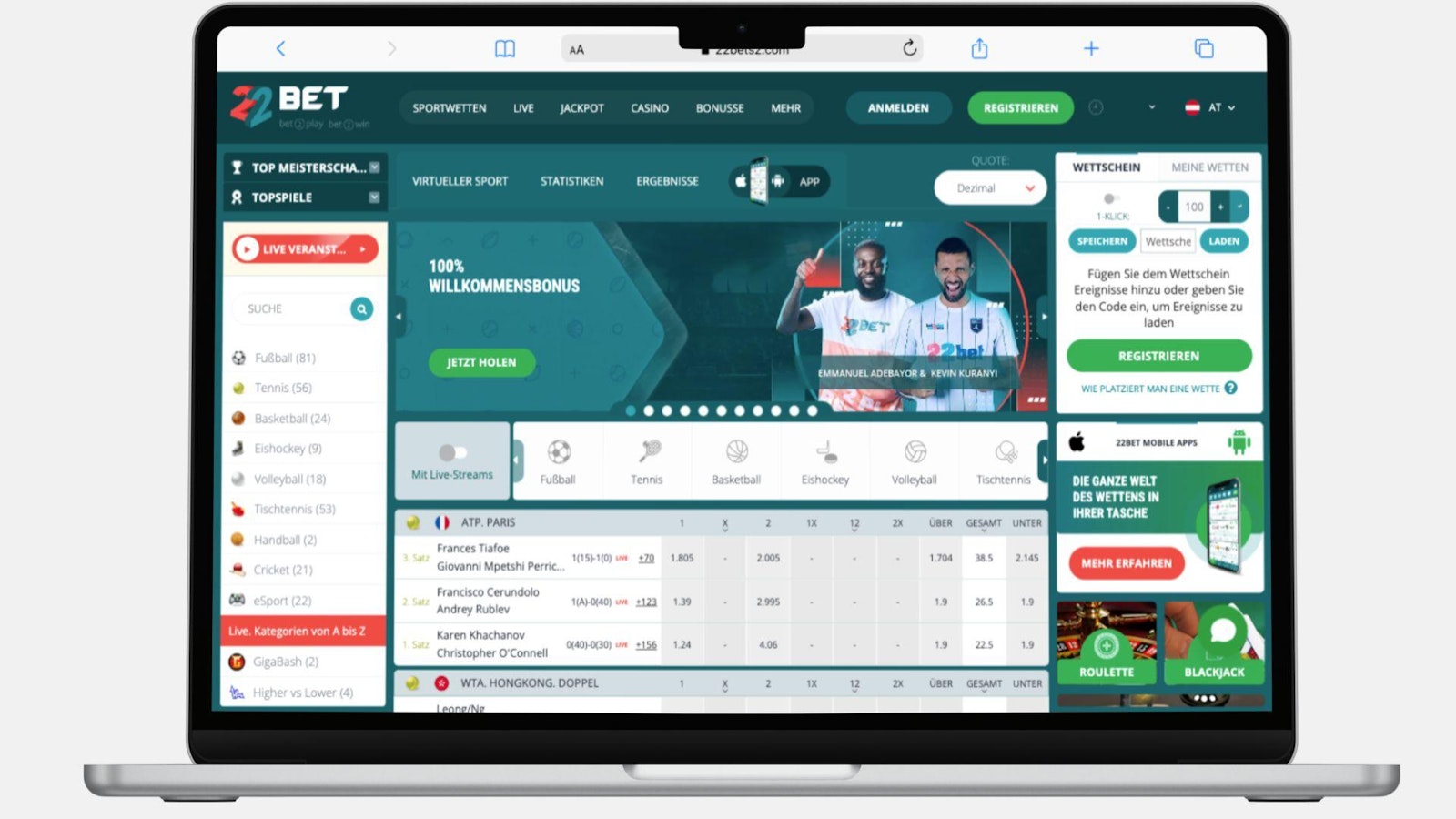 Screenshot der 22bet App während des Registrierungsprozesses, Schritt 4