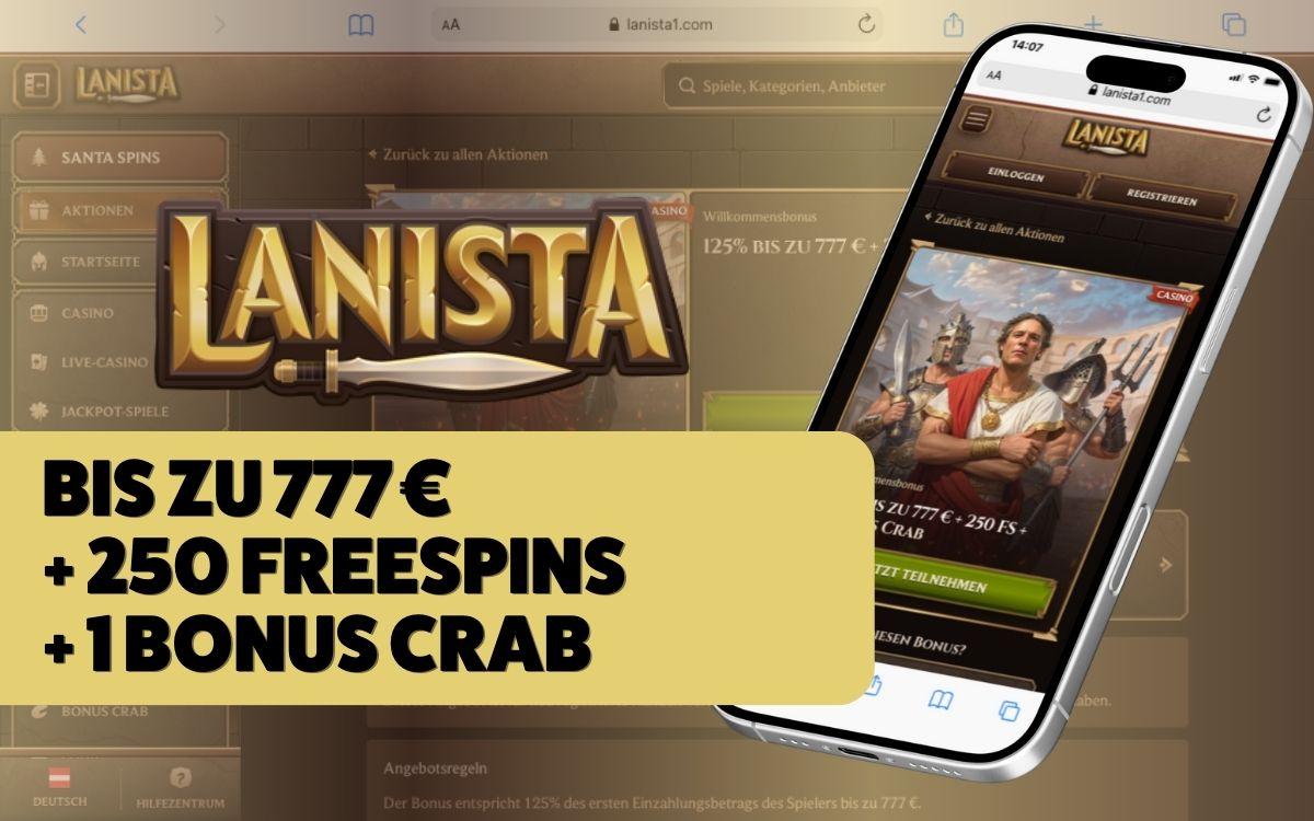 Lanista Casino Willkommensbonus: 125 % bis zu 777 € + 250 FS + 1 Bonus Crab