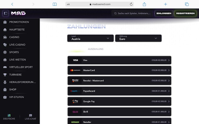 Madcasino Zahlungsmethoden