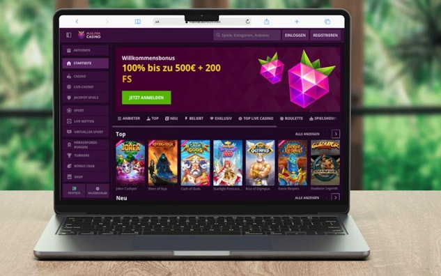 Malina Casino Startseite auf dem Laptop