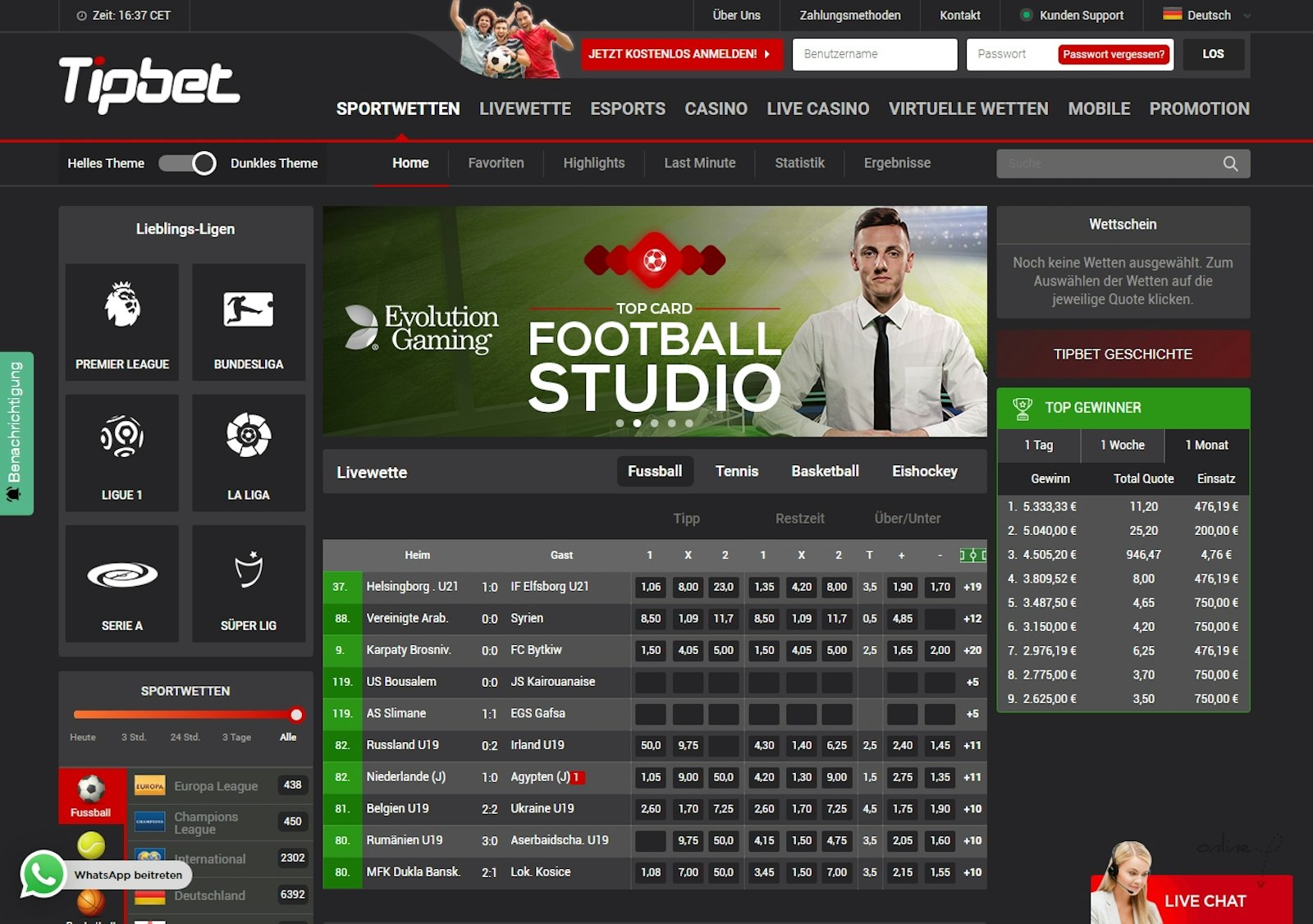 Tipbet Sportwetten Dunkles Theme